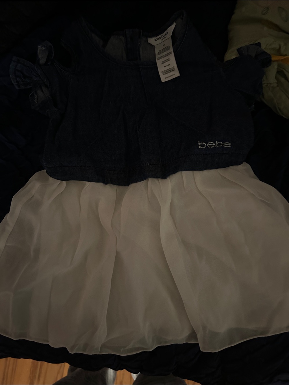 bebe Dark Denim Top with White Chiffon Skirt